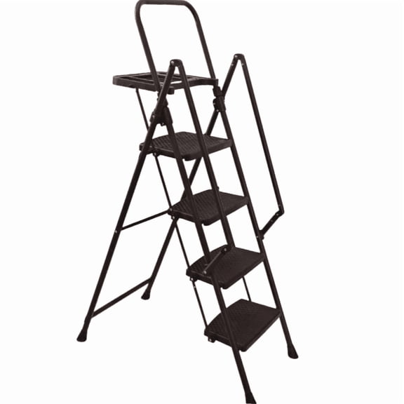 Juuar 4 Step Ladder, Folding Step Stool with Handrails and Tool Tray, Wide Anti-Slip Pedals, 440LBS Portable Sturdy Steel Ladder for Adults Seniors, Black