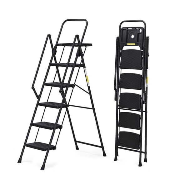 Juuar 5 Step Ladder, Folding Step Stool Ladder with Anti-Slip Wide Pedals, Convenient Handrails and Tool Tray, Portable Safety Steel Ladder for Seniors, Black