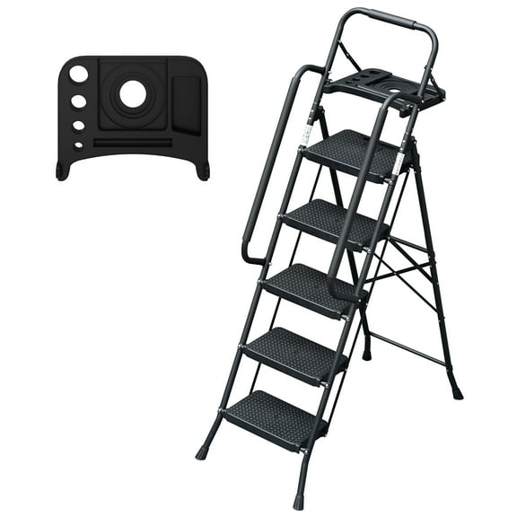 Juuar 5 Step Ladder with Handrails & Tool Tray, Foldable Step Stool with Wide Anti-Slip Pedal, 330 LBS Portable Steel Ladder for Home Office Kitchen Garden, Black
