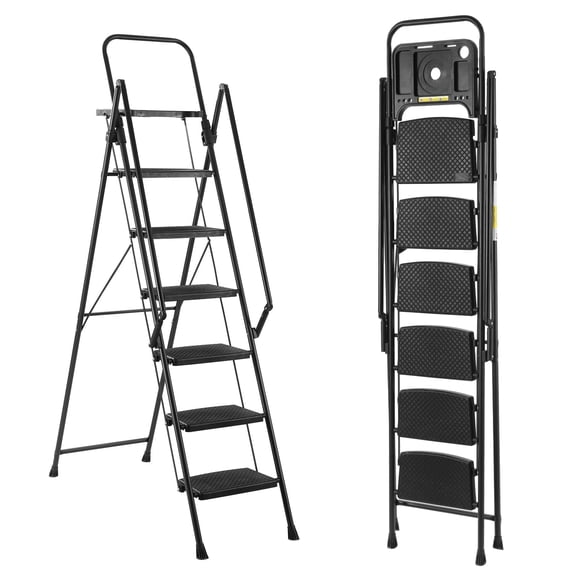 Juuar 6 Step Ladder, Folding Step Stool with Anti-Slip Wide Pedals, Convenient Handrails and Tool Tray, Lightweight Safety Steel Ladder for Adults, Black