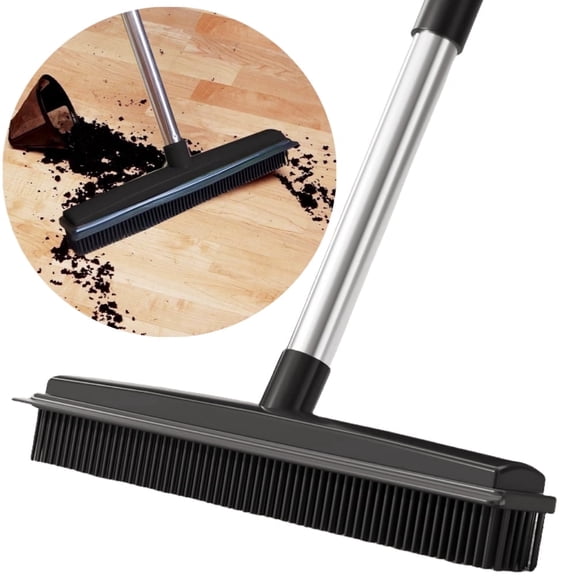 Juuar 48" Rubber Broom with Squeegee, Multifunctional Soft Silicone Broom for Pet Hair, Floor, Carpet, Glass, Bathroom, Windows, Black