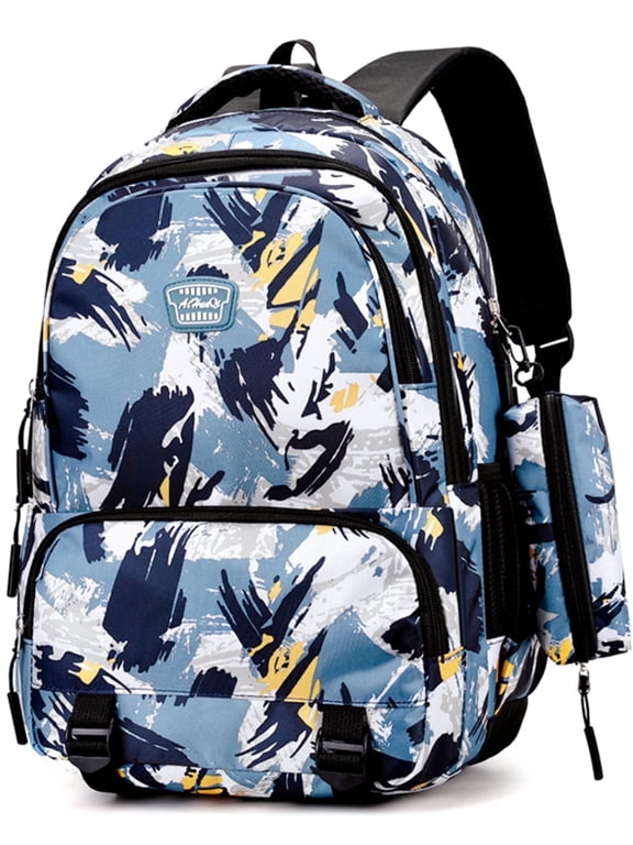School Backpack for Girls Boys, Printed School Bag with Pencil Case, Camo Kids Bookbag for School Students, Blue