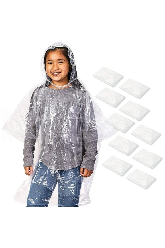 10-Pack Disposable Rain Ponchos for Kids - Emergency Plastic Raincoats with Hood for Boys and Girls (Clear)