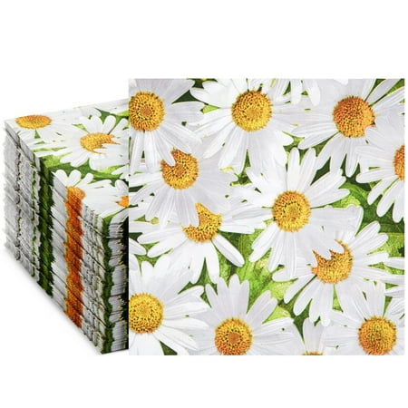 100 Pack Decorative Daisy Floral Pattern Paper Napkin, 2-Ply, 6.5x6.5”, Napkins for Garden Bridal Shower, Tea Party, Wedding & Decorative Party Supplies