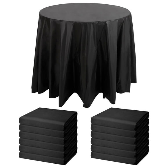 Juvale 12-Pack Black Plastic Tablecloth - 84-Inch Round Disposable Table Cover, Fits up to 72-Inch Round Tables, Black Themed Party Supplies