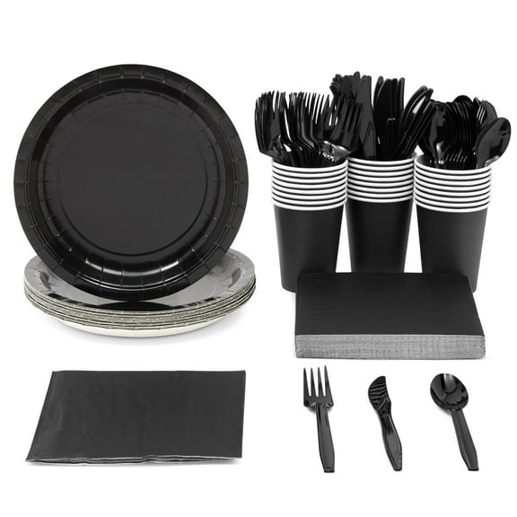 Juvale 144-Piece Black Disposable Party Set – Serves 24; Includes Paper Plates, Napkins, Cups & Cutlery for Special Events & Birthday Party Decor