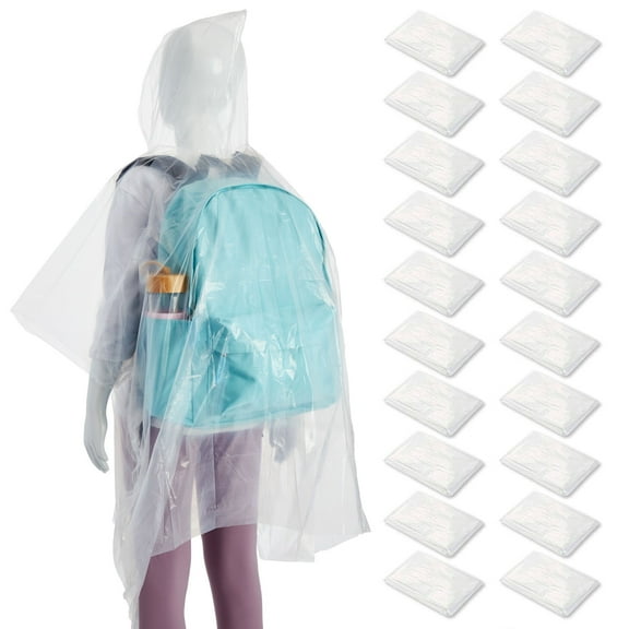 Juvale 20-Pack Disposable Rain Ponchos for Kids - Emergency Plastic Raincoats with Hood for Boys and Girls (Clear)