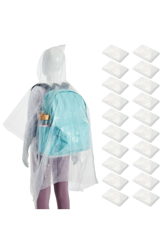 Juvale 20-Pack Disposable Rain Ponchos for Kids - Emergency Plastic Raincoats with Hood for Boys and Girls (Clear)