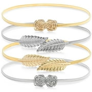 Juvale Skinny Stretch Metallic Waist Belts - Two-Tone Gold & Silver Metal Belts for Women with Leaf & Rose Pattern & Adjustable Comfort Fit - Pack of 4, Medium 27-40 in, Gold & Silver