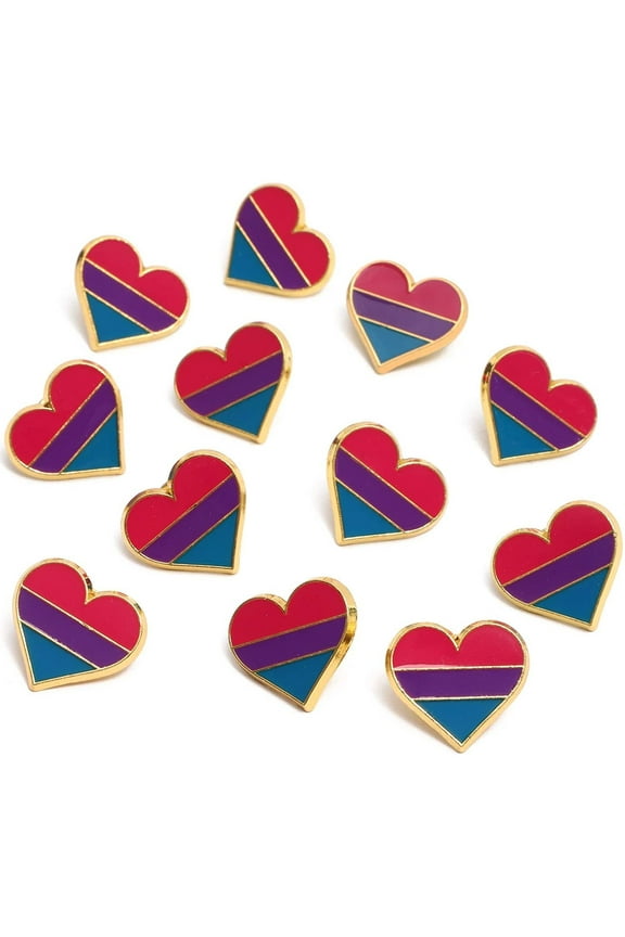 Bisexual Pride Enamel Button Pins, Pink Blue White Striped Hearts, 12-Piece