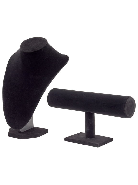 Necklace Display Stand & Bust Set - 2-Piece, Black Velvet, Modern Freestanding - Necklace Holder Stand & Bracelet Holder Display - Jewelry Showcase for Vendors & Photography