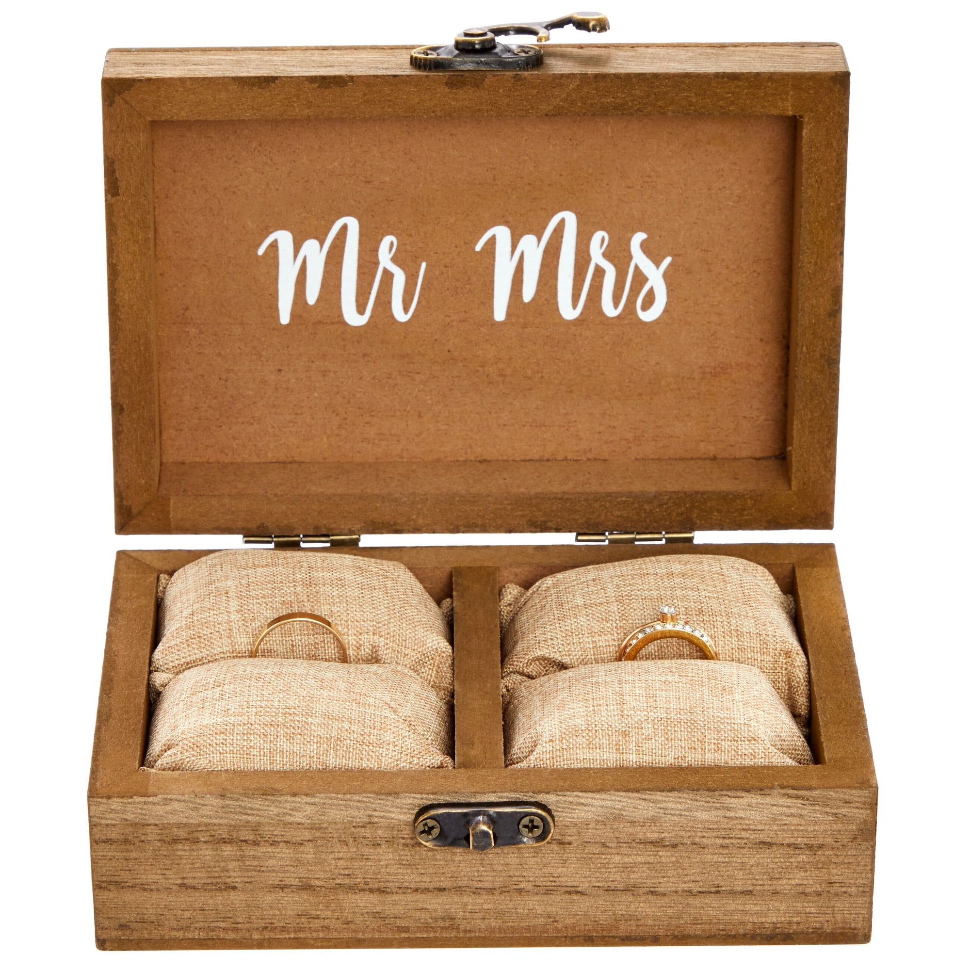 JUVALE Wooden Two Become One Ring Bearer Box with Two Become One Design - Brown Burlap Pillow Lining - Wedding Ring Box for Ceremony, Anniversaries, and Marriage Renewal (6 x 4 x 2 In)