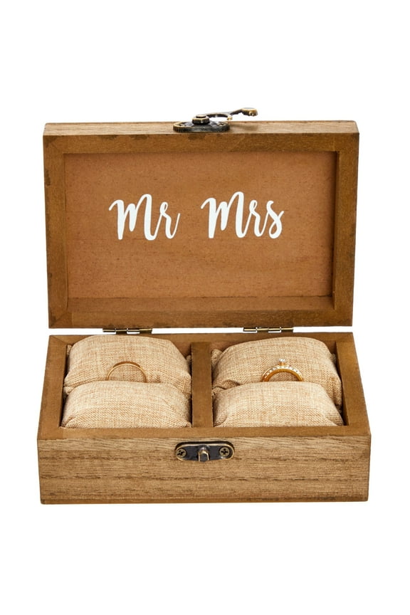 Ring Bearer Box - 6 x 4 x 2 in, Brown Rustic Wood - Wedding Ring Box for Ceremony with Burlap Pillow & Mr & Mrs Inscription