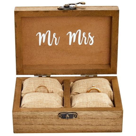 Juvale Ring Bearer Box - 6 x 4 x 2 in, Brown Rustic Wood - Wedding Ring Box for Ceremony with Burlap Pillow & Mr & Mrs Inscription