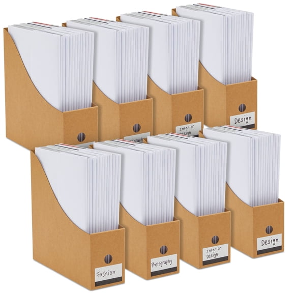 Juvale Corrugated Cardboard Magazine Holder - 3.5 x 10.2 x 10.6 in, Brown, 8-Pack - Magazine File Holder & Document Organizer with Removable Labels