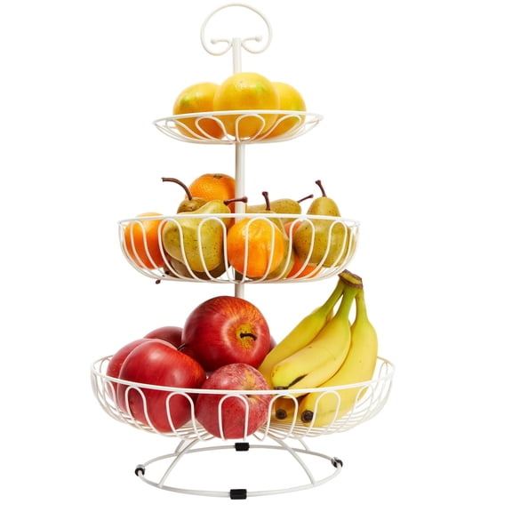Juvale Countertop Fruit Bowl 3-Tier Wire Fruit Basket - 18.25 in Tall, White Metal, Classic Round Style - Space-Saving Kitchen Organizer & Produce Stand with Tool-Free Assembly & Carry Handle