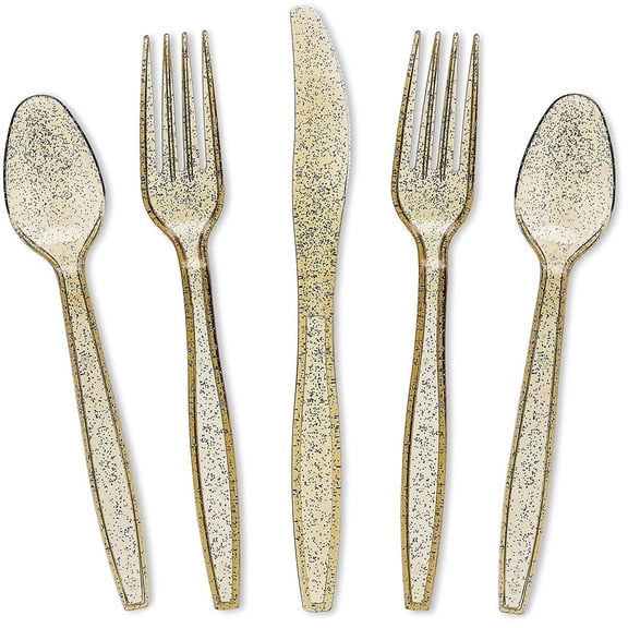 Juvale Gold Silverware Set - Plastic Cutlery with Glitter Finish, 144 Pieces - Disposable Silverware with Forks, Spoons & Knives for Weddings & Events
