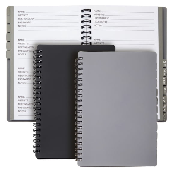 Juvale Password Book with Alphabetical Tabs - 5 x 7 in, 2-Pack, Gray & Black, 80 Lined Pages, Spiral-Bound, Plastic Cover - Password Notebook & Log Book for Username & Login Management