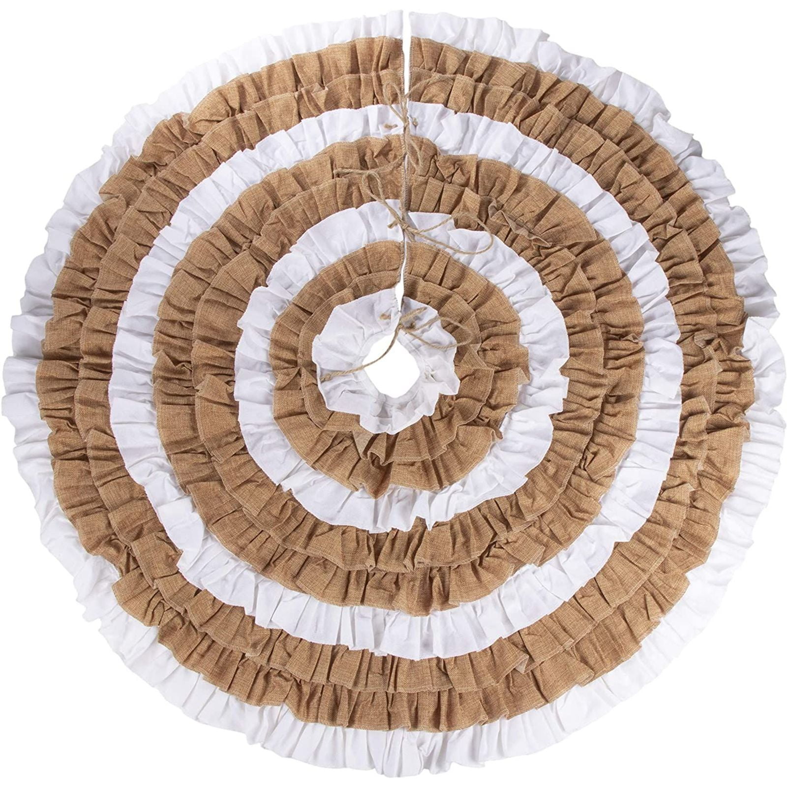 Rustic White and Brown Ruffled Linen Christmas Tree Skirt