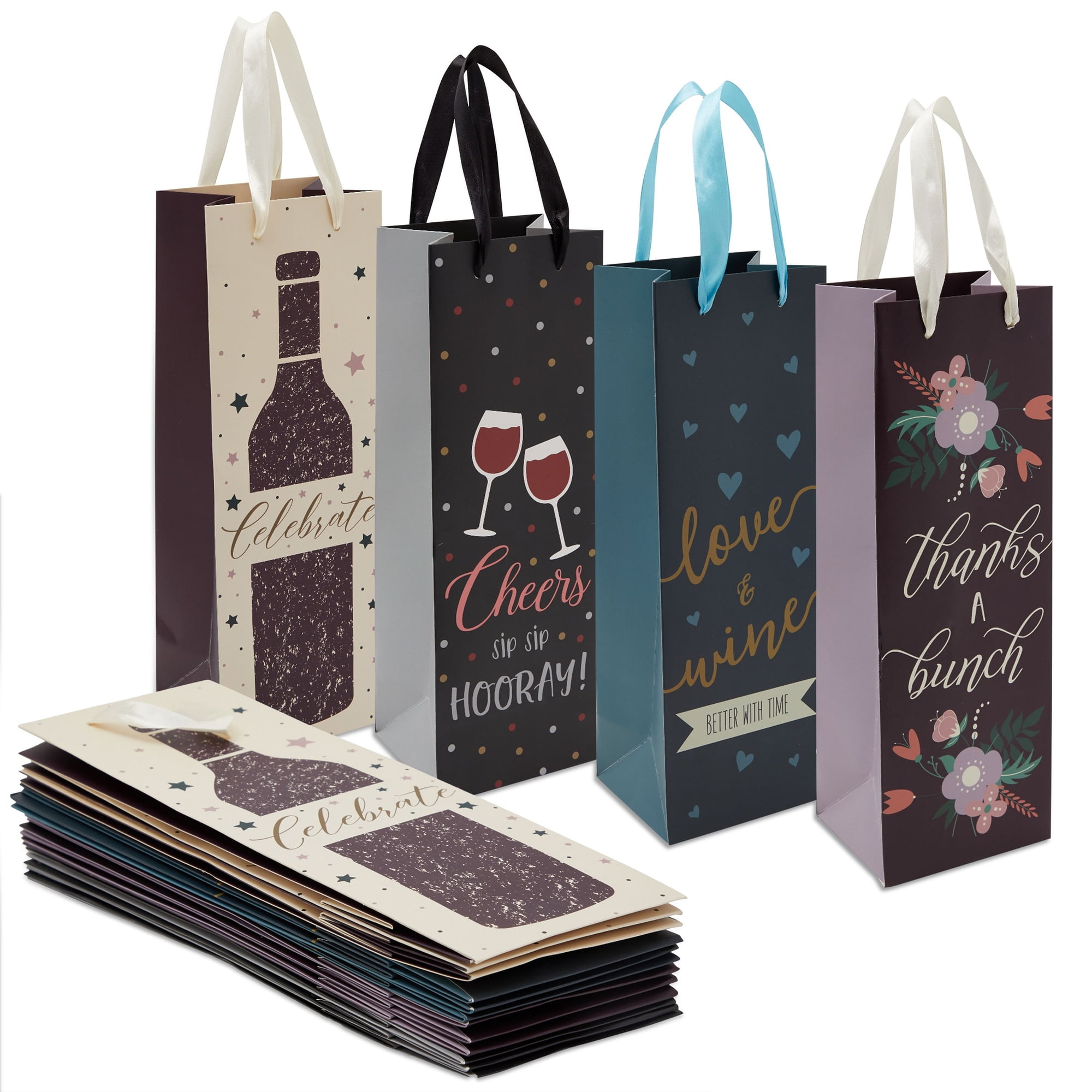 Juvale Satin Ribbon Handles Gift Bags, 4.6 x 13.7 x 4 Inches, Paper, Multicolor, 12 Count