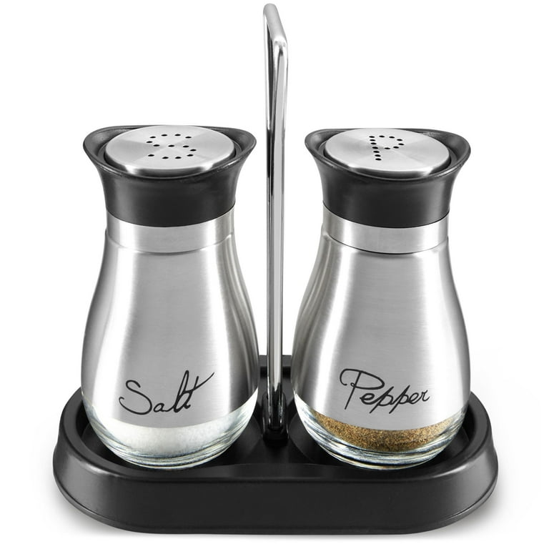 Juvale Stainless Steel Salt and Pepper Shakers Set with Holder, Refillable,  Clear Glass Bottoms, Screw-Off Perforated S and P Caps for Kitchen