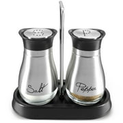 Juvale Stainless Steel Salt and Pepper Shakers Set with Holder, Refillable, Clear Glass Bottoms, Screw-Off Perforated "S" and "P" Caps for Kitchen Table Decor 4oz