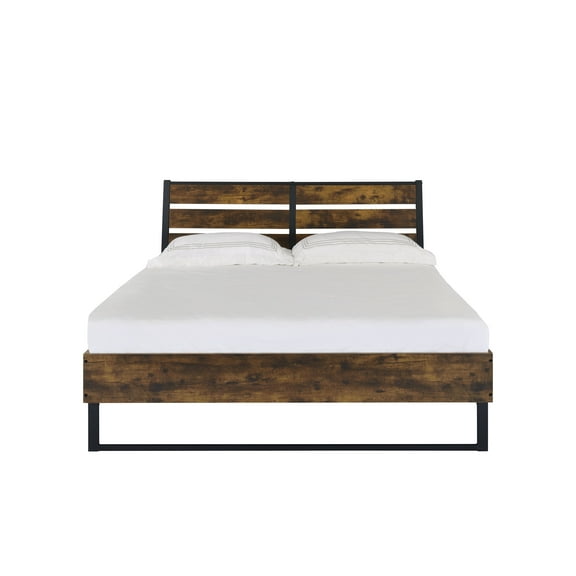 Juvanth Rustic Oak & Black Industrial Panel Bed Frame, E. King Size (78x83x38"), Composite Wood & Metal, Box Spring Free, Durable Slats for Bedroom