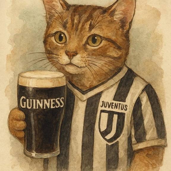 Juventus Fan Cat Drinking Guinness Football Poster – Funny Vintage Beer Wall Art 8x12 UNFRAMDE