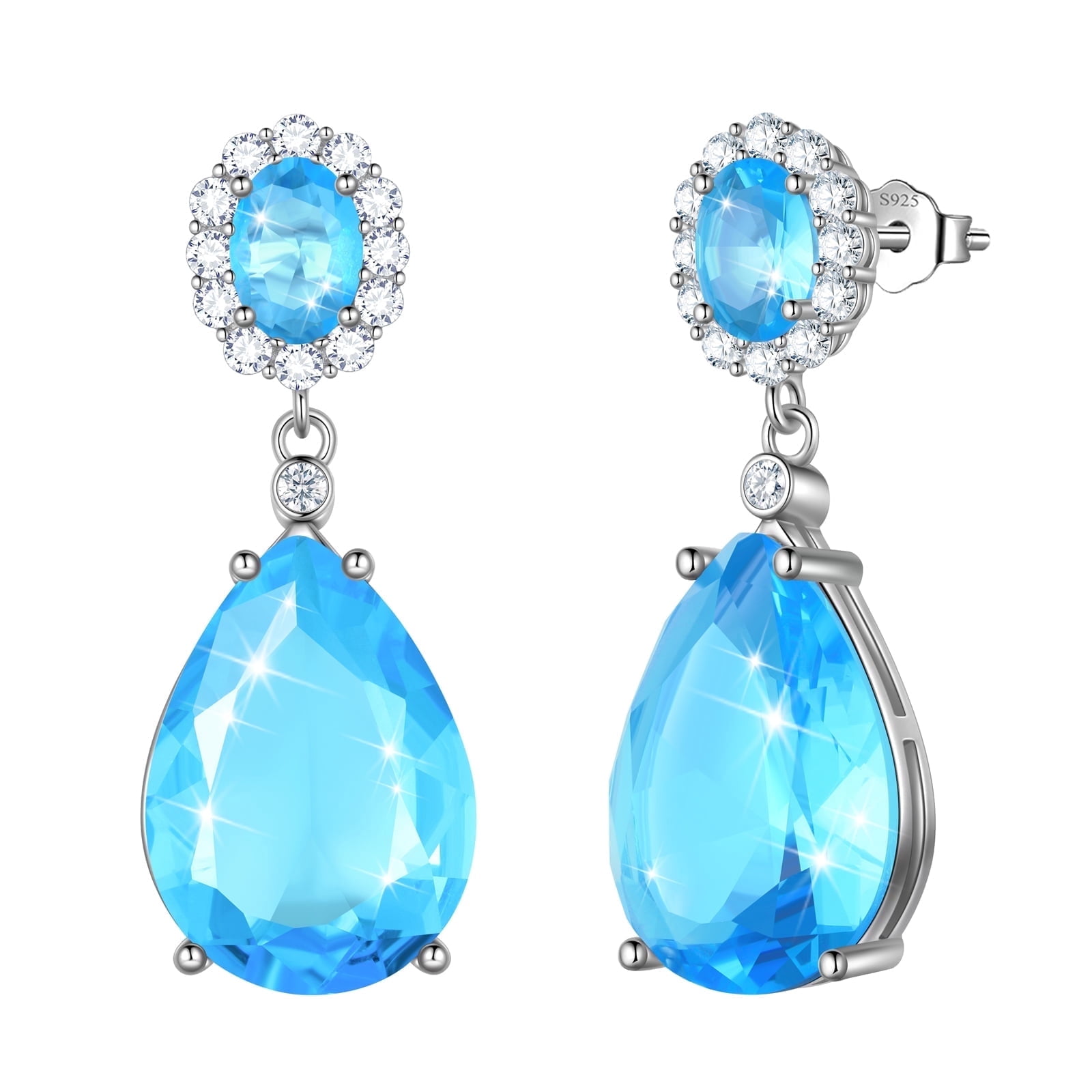 Juwaliy 10Ct Teardrop Dangle Earrings Women Blue Topaz March Birthstone Aquamarine Jewelry 925 Sterling Silver Birthday Mother's Day Gifts