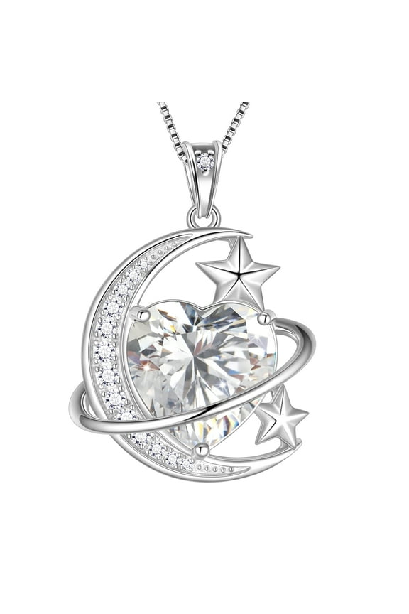 13MM Women Moon Star Necklace Heart April Birthstone 925 Sterling Silver Celestial Necklace Pendant Diamond Crystal Jewelry Christmas Birthday Valentines Gift for Wife/Mom