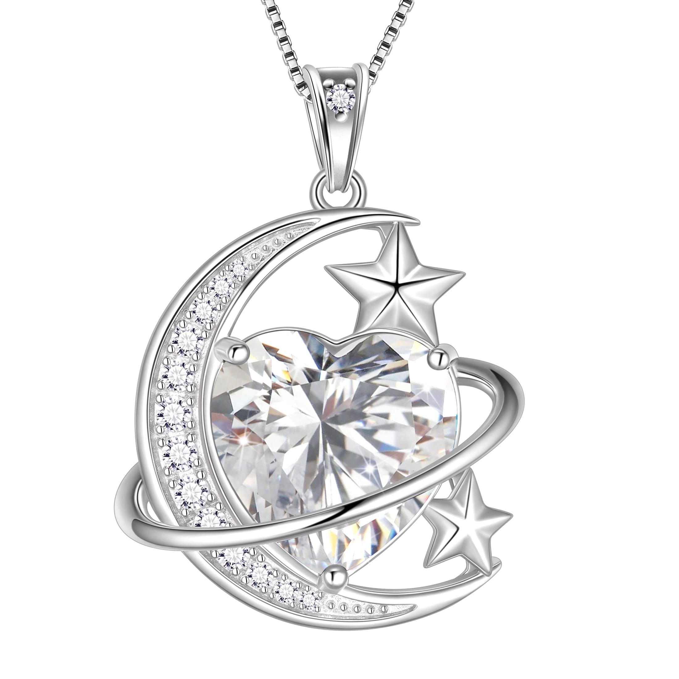 Juwaliy 13MM Women Moon Star Necklace Heart April Birthstone 925 Sterling Silver Celestial Necklace Pendant Diamond Crystal Jewelry Christmas Birthday Valentines Gift for Wife/Mom