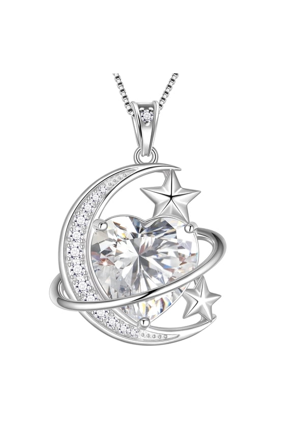 13MM Women Moon Star Necklace Heart April Birthstone 925 Sterling Silver Celestial Necklace Pendant Diamond Crystal Jewelry Christmas Birthday Valentines Gift for Wife/Mom