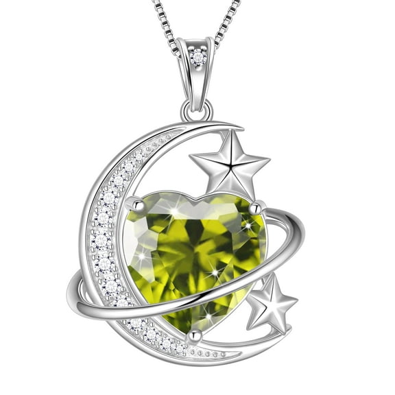 Juwaliy 13MM Women Moon and Star Necklace Heart August Birthstone 925 Sterling Silver Pendant Green Peridot Celestial Jewelry Christmas Birthday Valentines Gift for Her/Wife/Mother
