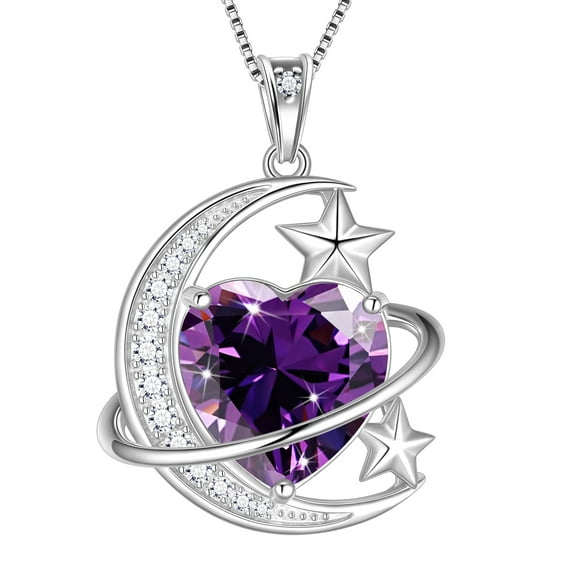 Juwaliy 13MM Women Moon and Star Necklace Heart February Birthstone 925 Sterling Silver Pendant Purple Amethyst Celestial Jewelry Birthday Valentine's Day Gift for Wife/Mother/Her