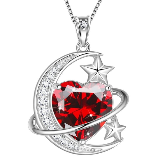 Juwaliy 13MM Women Moon and Star Necklace Heart January Birthstone 925 Sterling Silver Pendant Planet Celestial Necklace Red Garnet Jewelry Birthday Valentine's Day Gift for Mother