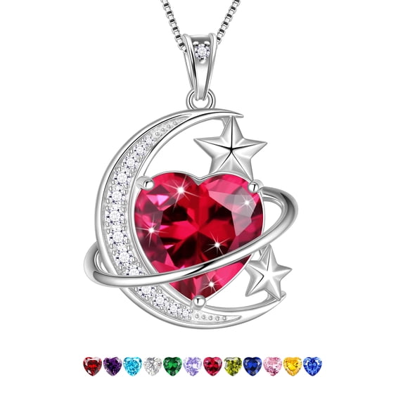 Juwaliy 13MM Women Moon and Star Necklace Heart July Birthstone 925 Sterling Silver Pendant Red Ruby Celestial Jewelry Christmas Birthday Valentine's Day Gift for Her/Wife/Mother