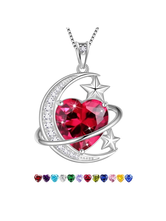 13MM Women Moon and Star Necklace Heart July Birthstone 925 Sterling Silver Pendant Red Ruby Celestial Jewelry Christmas Birthday Valentine's Day Gift for Her/Wife/Mother