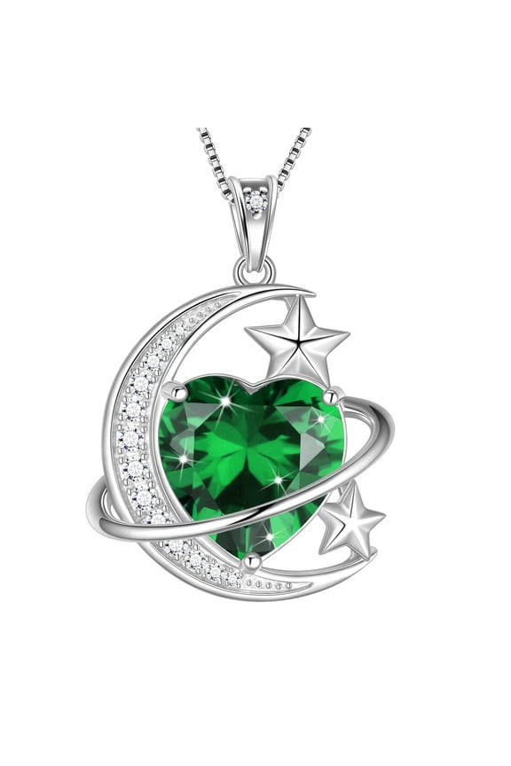 13MM Women Moon Star Necklace Heart May Birthstone 925 Sterling Silver Pendant Green Emerald Planet Celestial Jewelry Christmas Valentine Birthday Mother's Day Gift for Mom