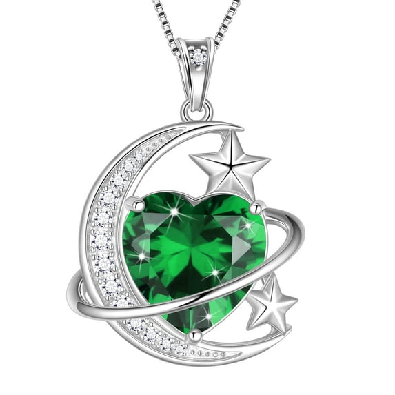 Juwaliy 13MM Women Moon Star Necklace Heart May Birthstone 925 Sterling Silver Pendant Green Emerald Planet Celestial Jewelry Christmas Valentine Birthday Mother's Day Gift for Mom