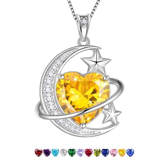 Juwaliy 13MM Women Moon and Star Necklace Heart November Birthstone 925 Sterling Silver Sun and Moon Necklace Pendant Yellow Citrine Jewelry Christmas Valentines Mother's Day Gift
