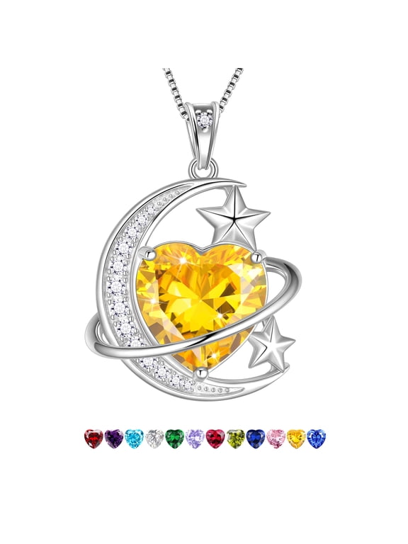 13MM Women Moon and Star Necklace Heart November Birthstone 925 Sterling Silver Sun and Moon Necklace Pendant Yellow Citrine Jewelry Christmas Valentines Mother's Day Gift