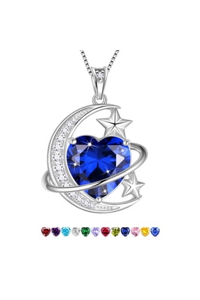 13MM Women Moon Stars Necklace Heart September Birthstone 925 Sterling Silver Pendant Blue Sapphire Jewelry Christmas Valentines Birthday Mother's Day Gift for Her/Wife/Mom