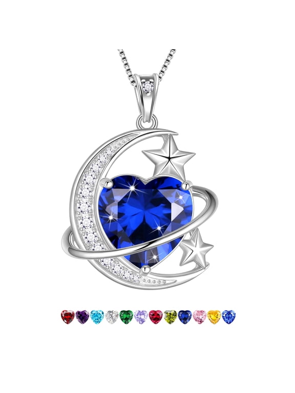 13MM Women Moon Stars Necklace Heart September Birthstone 925 Sterling Silver Pendant Blue Sapphire Jewelry Christmas Valentines Birthday Mother's Day Gift for Her/Wife/Mom