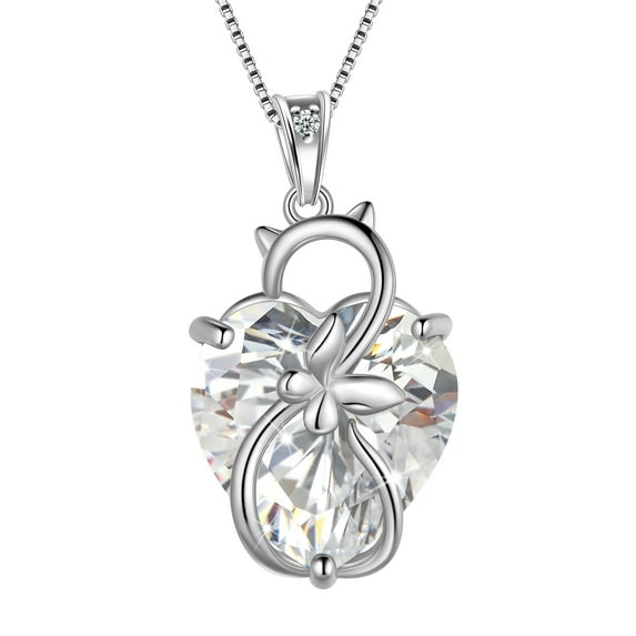 Juwaliy 15MM Women Cat Necklace Heart April Birthstone 925 Sterling Silver Pendant Diamond Crystal Butterfly Jewelry Birthday Gift for Cat Lover