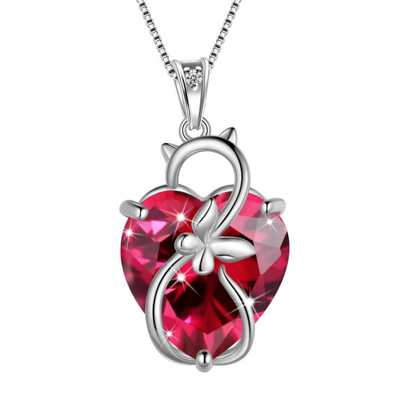 Juwaliy 15MM Women Cat Necklace Heart July Birthstone 925 Sterling Silver Pendant Red Ruby Butterfly Jewelry Mother Birthday Valentine's Day Gift