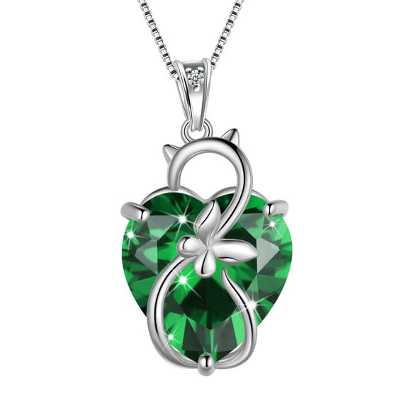 Juwaliy 15MM Women Cat Necklace Heart May Birthstone 925 Sterling Silver Pendant Green Emerald Butterfly Jewelry Mom Birthday Mother's Day Gift