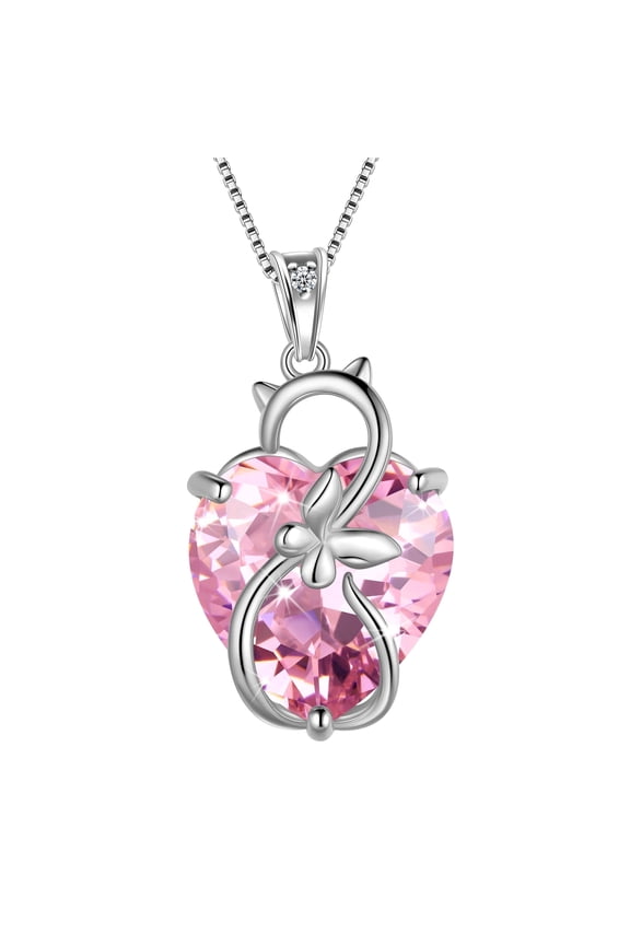 Women Cat Necklace Heart October Birthstone 925 Sterling Silver Pendant Pink Tourmaline Butterfly Jewelry Mother Birthday Valentine's Day Gift