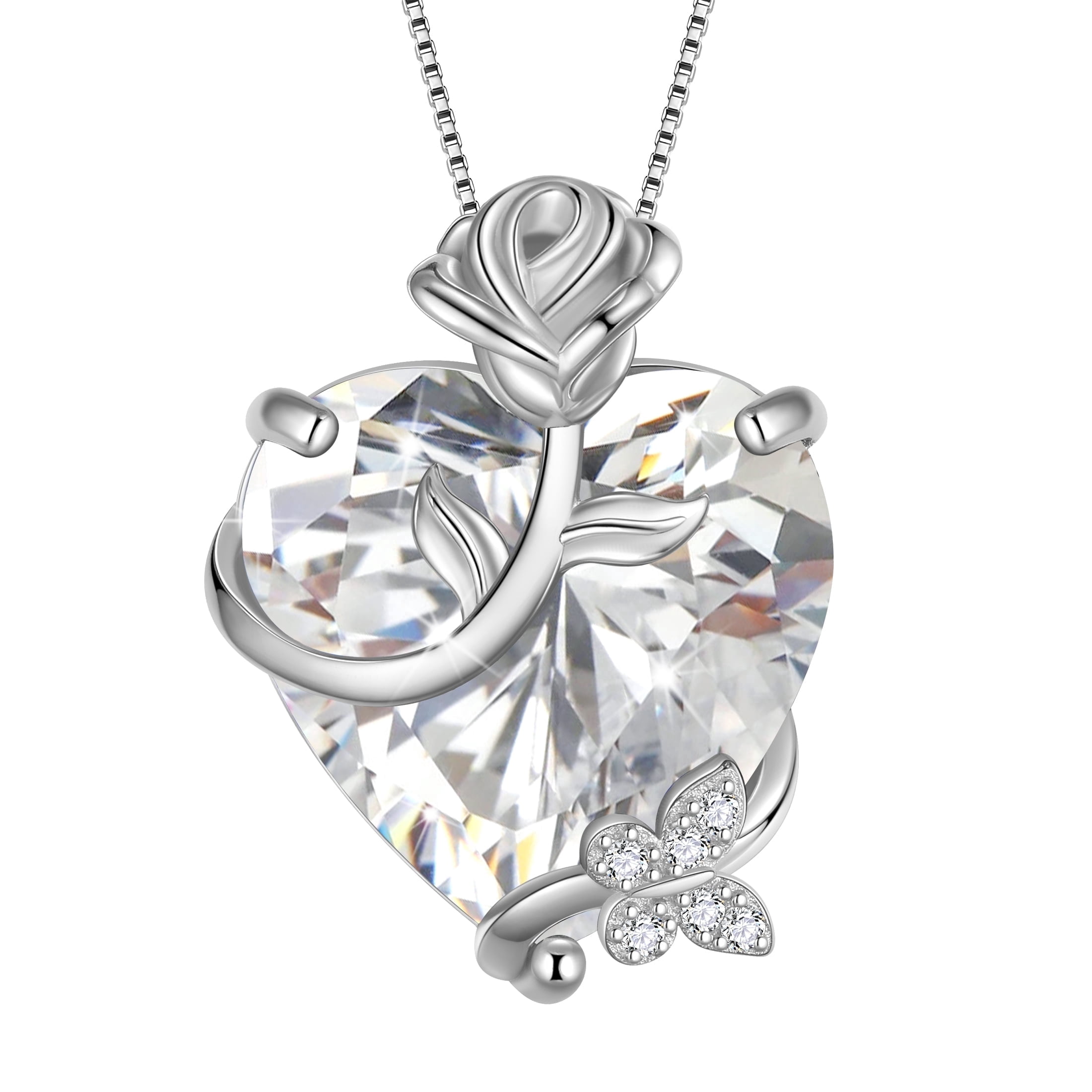 Juwaliy 15MM Women Rose Heart Necklace April Birthstone 925 Sterling Silver Flower Butterfly Pendant Diamond CZ Bridal Jewelry Mother Valentine's Day Gift