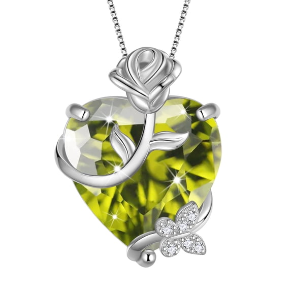 Juwaliy 15MM Women Rose Heart Necklace August Birthstone 925 Sterling Silver Flower Butterfly Pendant Green Peridot Jewelry Christmas Birthday Mother's Day Gift