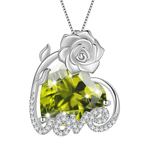 Juwaliy 15MM Rose Heart Women Necklace August Birthstone 925 Sterling Silver Flower Love Pendant Green Peridot Jewelry Christmas Birthday Valentine Gift for Mom
